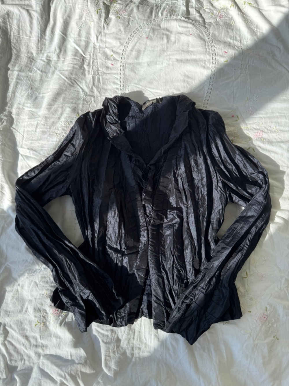 Black Textured Long-Sleeve Women's Blouse